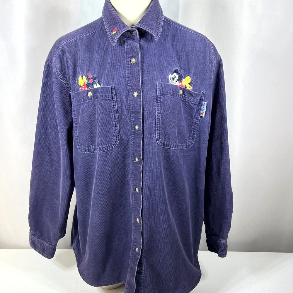 Disney Vintage Purple Corduroy Woman's Mickey Unlimited Button‎ Up Shirt Size XL